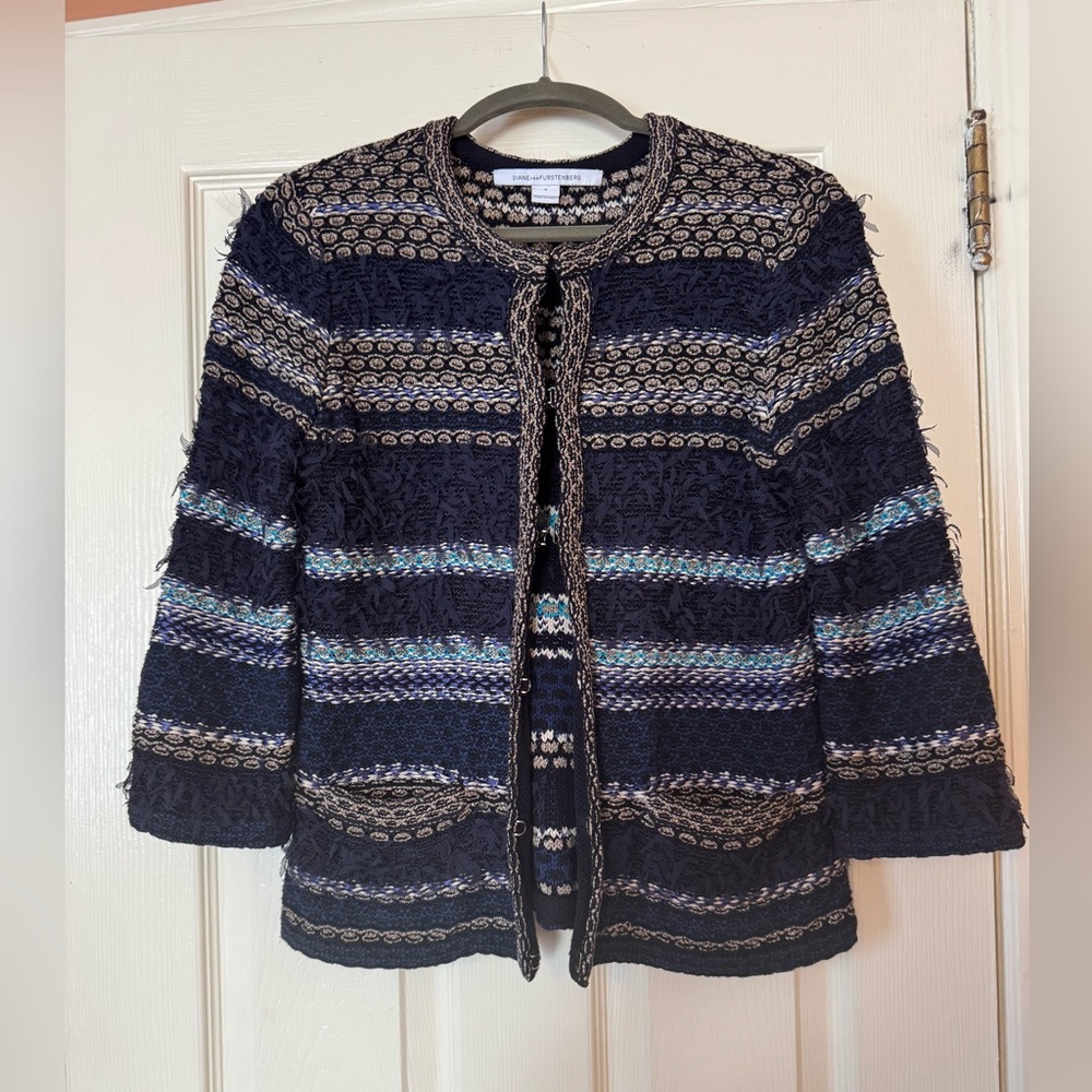 Diane Von Furstenberg Navy and Beige Textured Cardigan
